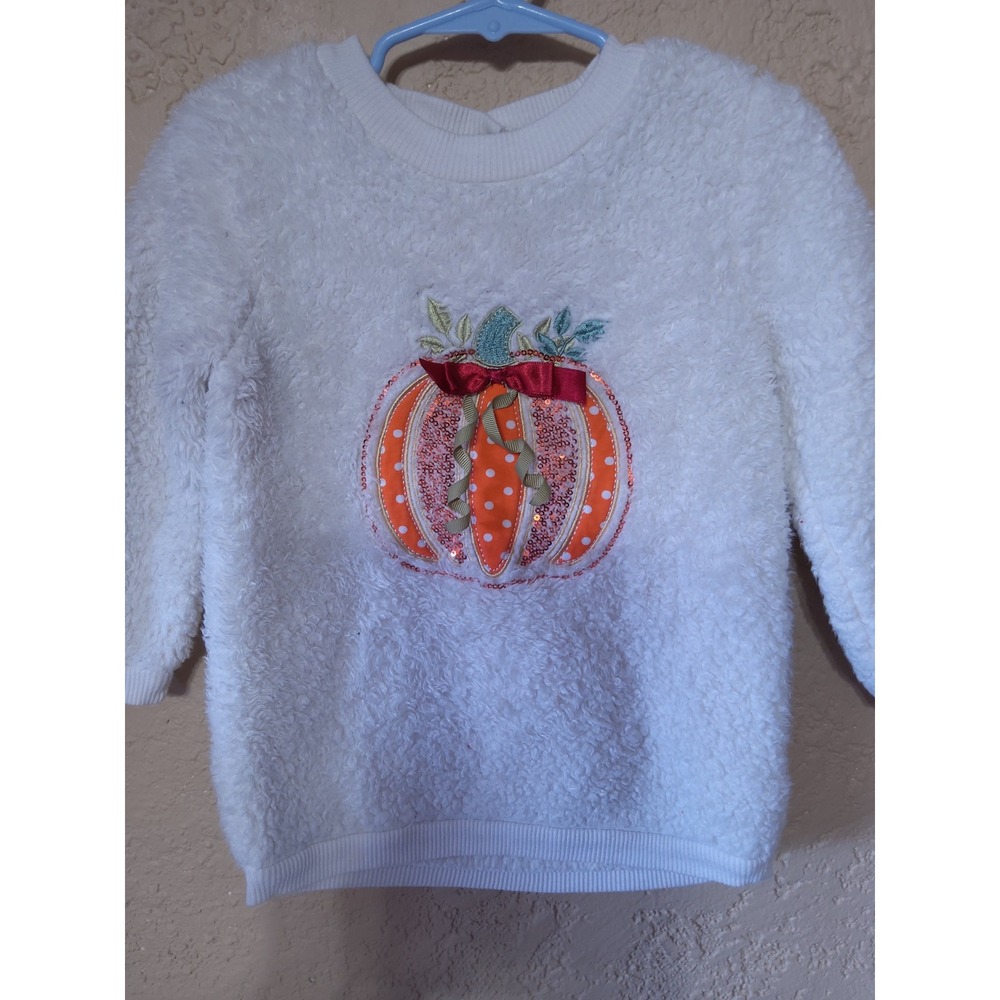 Little Lass Girls 3T Fuzzy Sherpa Pumpkin Sequin Sweater White Fall Thanksgiving